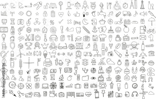 Simple sketch line style elements. Draw cute ink pen line elements isolated on white background. Icon set. Doodle style. Vector illustration.
