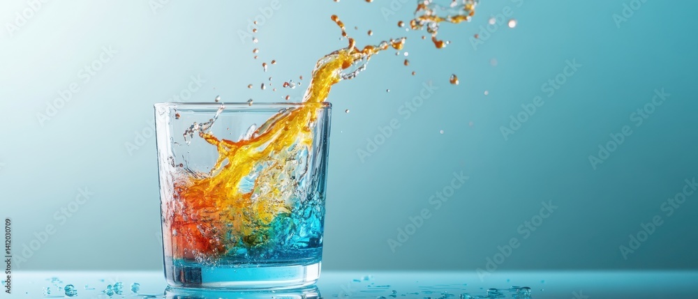A splash of colorful liquid is shown in a glass against a blue background, creating a dynamic and refreshing visual effect.
