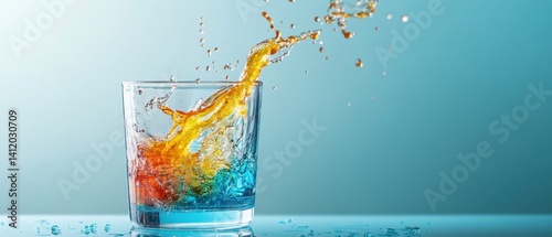 Obraz na płótnie A splash of colorful liquid is shown in a glass against a blue background, creating a dynamic and refreshing visual effect. w salonie