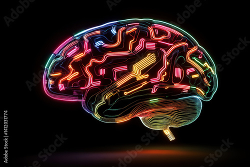 Neon Brain with Circuit Patterns Representing Artificial Intelligence