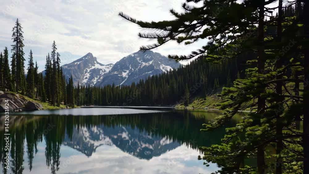 Tranquil alpine lake reflection with snowcapped mountains and lush evergreen forest Tranquil alpine lake reflection with snowcapped mountains and lush evergreen forest