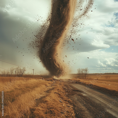 immense power and disorder caused by a strong tornado is demonstrated by destructive trail it leaves behind scattered debris and sheer force of winds as they move across terrain 