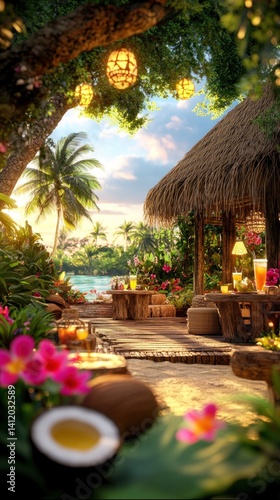 Tropical Paradise Beach Bar Sunset Serenity