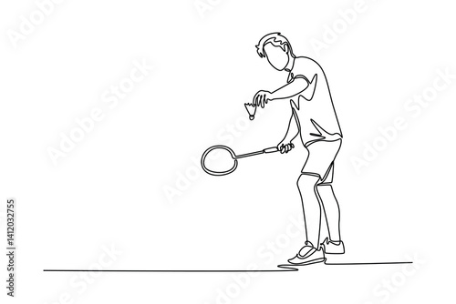 Continuous one line drawing male badminton player in sport clothes stands holding racket and shuttlecock ready to serve. Healthy activity and hobby. Single line draw design vector graphic illustration