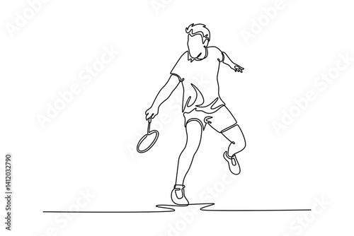 Continuous one line drawing male badminton player get ready to receive shuttlecock from opponent. Athlete are playing defense with backhand concept. Single line draw design vector graphic illustration