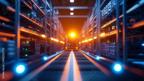 Futuristic warehouse with glowing lights and narrow aisles.