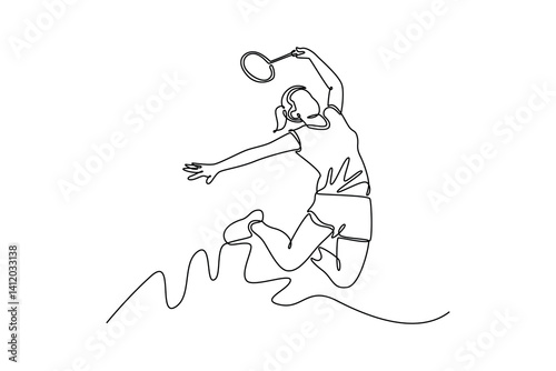 Continuous one line drawing beauty woman badminton player jumping and smash the shuttlecock with racket on indoor court. Sport activity and leisure. Single line draw design vector graphic illustration