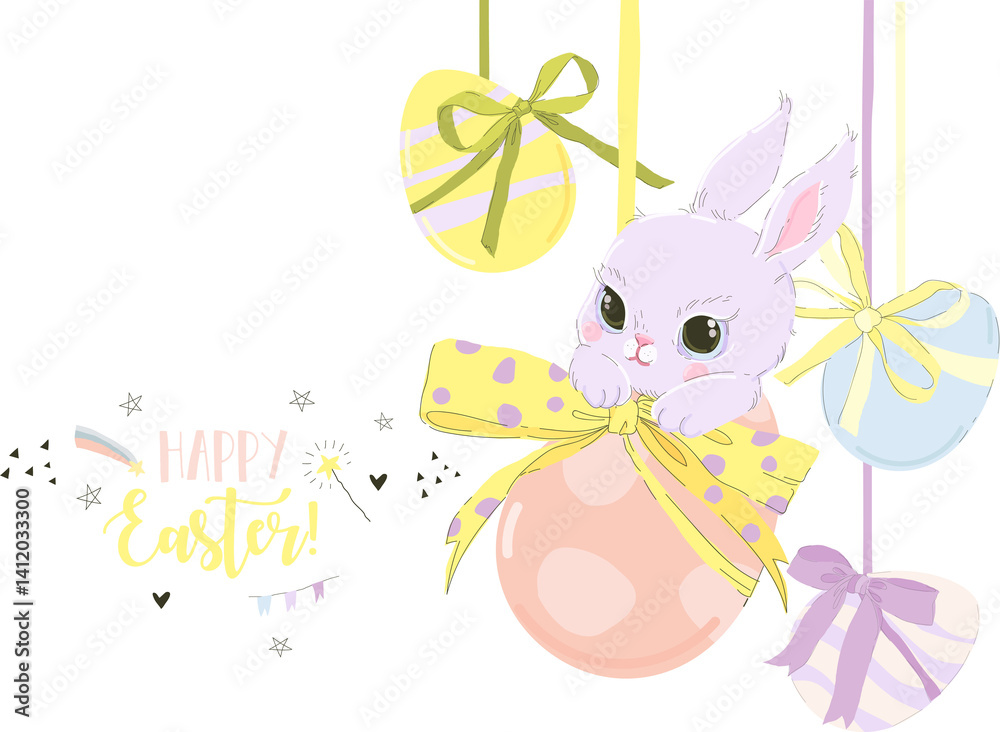 Happy Easter Greeting Card with Cute White Bunny and Easter Eggs. Vector Illustration