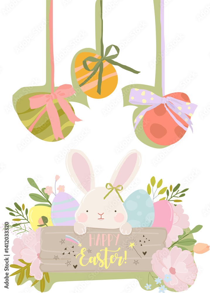 Happy Easter Greeting Card with Cute White Bunny and Easter Eggs. Vector Illustration