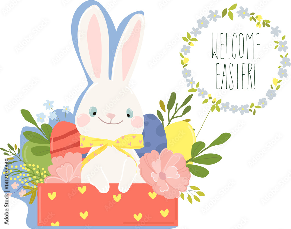 Happy Easter Greeting Card with Cute White Bunny and Easter Eggs. Vector Illustration