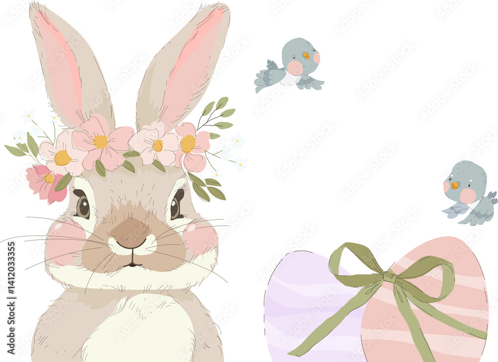 Happy Easter Greeting Card with Cute Bunny and Easter Eggs. Vector Illustration