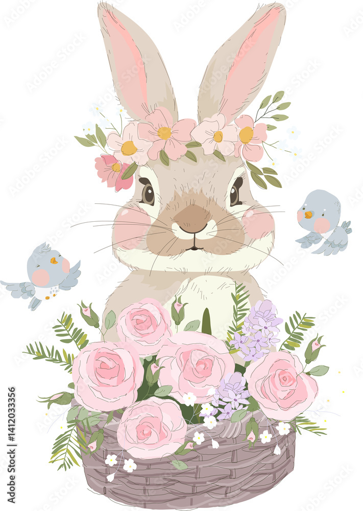 Happy Easter Greeting Card with Cute Bunny and Flowers. Vector Illustration
