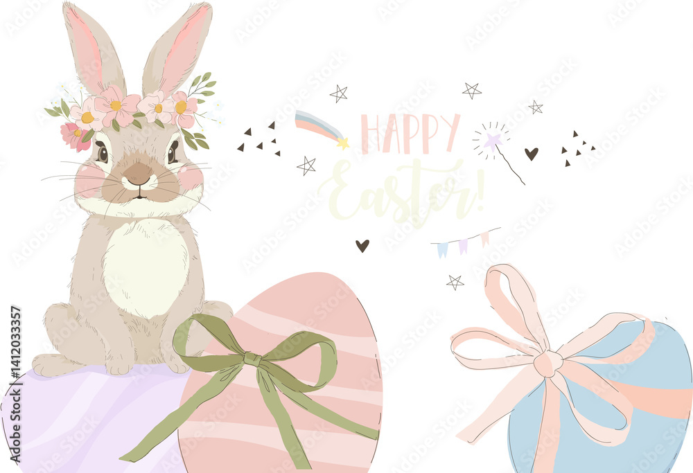 Happy Easter Greeting Card with Cute Bunny and Easter Eggs. Vector Illustration