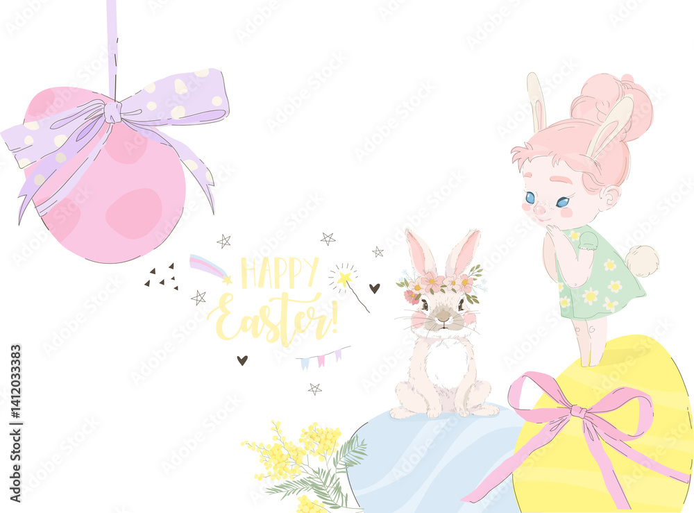 Happy Easter Greeting Card with Cute Girl, Bunny and Easter Eggs. Vector Illustration