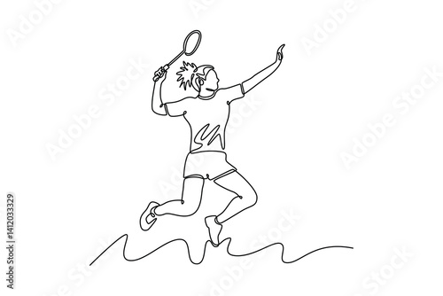 Continuous one line drawing woman badminton player jumping and smash the shuttlecock with racket on indoor stadium. Healthy activity and recreation. Single line draw design vector graphic illustration