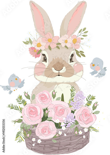Obraz na płótnie Happy Easter Greeting Card with Cute Bunny and Flowers. Vector Illustration w salonie