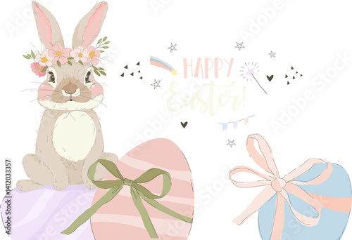 Obraz na płótnie Happy Easter Greeting Card with Cute Bunny and Easter Eggs. Vector Illustration w salonie