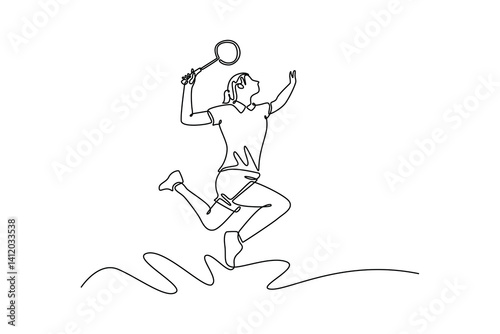Single continuous line drawing beautiful female badminton player jumping and hitting the shuttlecock with racket. Wearing sport shirt in indoor court. One line draw graphic design vector illustration