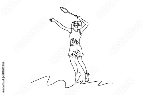 Single continuous line drawing badminton player in hitting position with racket. Wearing sport uniform in indoor stadium competing as female athlete. One line draw graphic design vector illustration