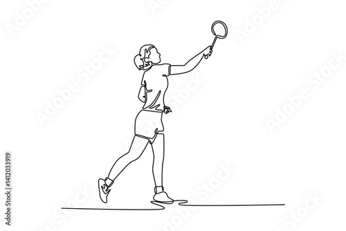 Single continuous line drawing female badminton player get ready to receive shuttlecock from opponent. Athlete playing defense with backhand technique. One line draw graphic design vector illustration