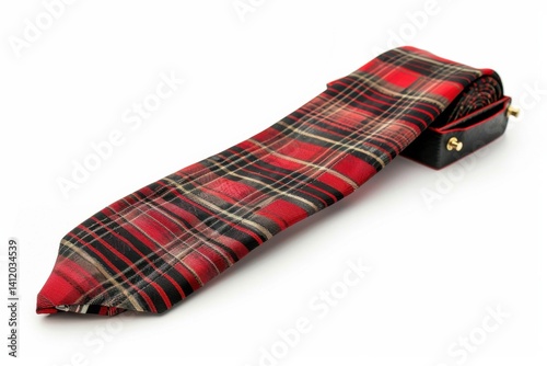 Elegant plaid tie lies gracefully displayed on a white surface showcasing its rich colors and design isolated on transparent background