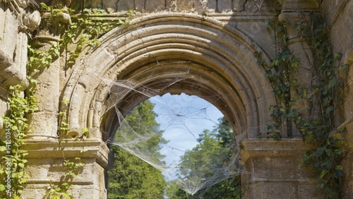 Ancient stone ruins with a dense web spun by an arachnid at the entrance.