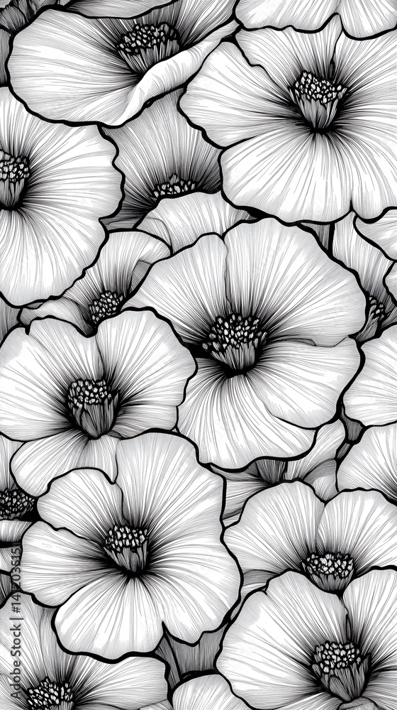 Fototapeta premium Elegant Monochrome Poppy Flower Seamless Pattern