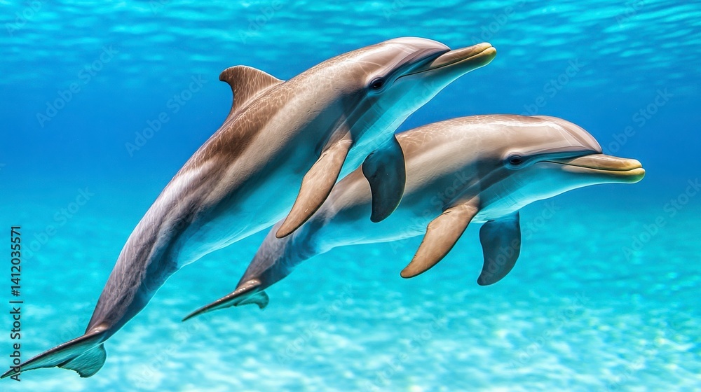 Obraz premium Graceful Dolphins Swimming Together in Clear Blue Ocean Water
