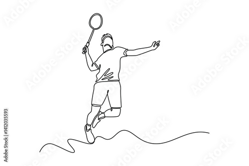 Single one line drawing badminton player in hitting position with racket feeling focused. Wearing sport shirt in stadium competing as male athlete. Continuous line design graphic vector illustration