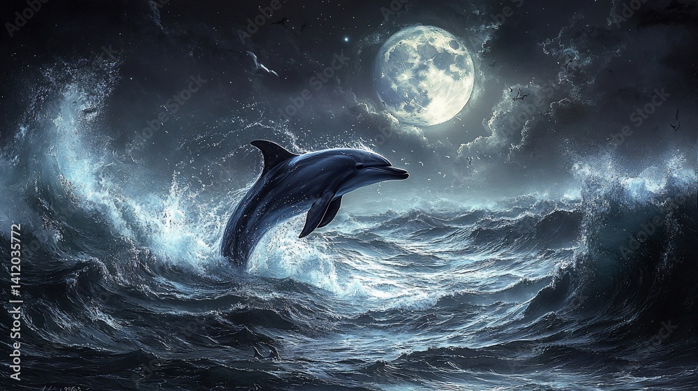 Fototapeta premium Jumping dolphin in stormy ocean under a full moon at night