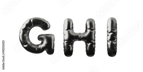 Letters G H I from black inflated balloon vector icons set, 3D English alphabet, volume chrome Latin uppercase font sign