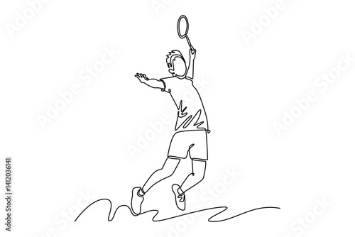 Single one line drawing attractive badminton player doing jumping smash the shuttlecock on indoor court. Player focus on precise technique and movement. Continuous line draw design vector illustration