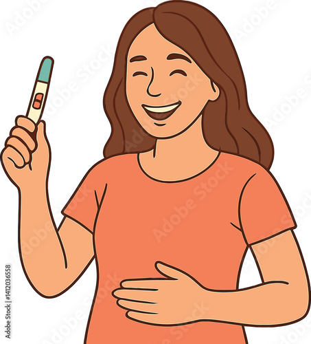 Joyful pregnancy moment with smiling woman holding positive test and hand on belly