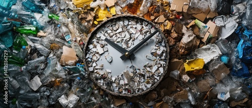 A clock surrounded by a chaotic arrangement of various waste materials, symbolizing time and environmental concerns.
