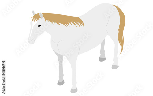 Simple isometric illustration of a standing white-haired horse (diagonally forward)