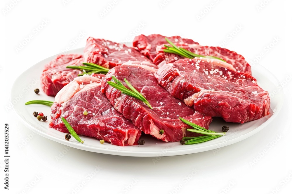 Freshly cut succulent steaks garnished with rosemary and spices on a white plate isolated on transparent background Freshly cut succulent steaks garnished with rosemary and spices on a white plate isolated on transparent background