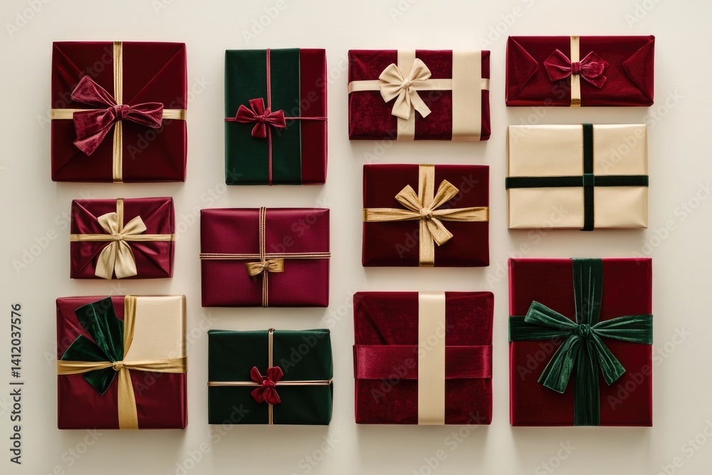 Fototapeta premium Twelve elegantly wrapped Christmas gifts in burgundy, green, and gold.