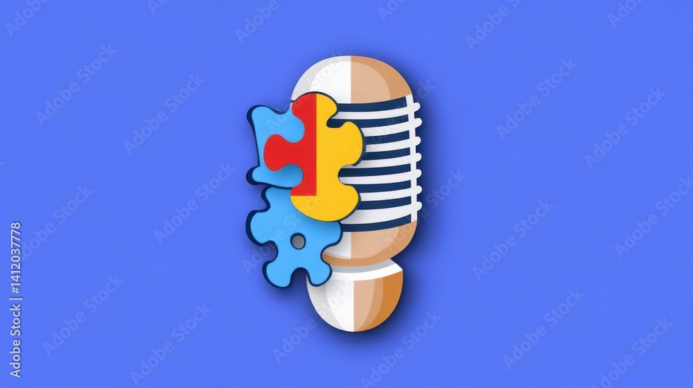Fototapeta premium Colorful Microphone with Puzzle Pieces on Vibrant Blue Background