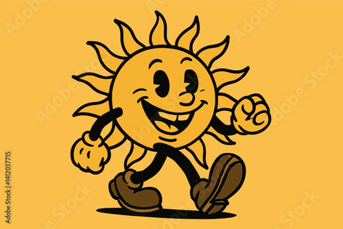 Cheerful retro sun cartoon character on yellow background