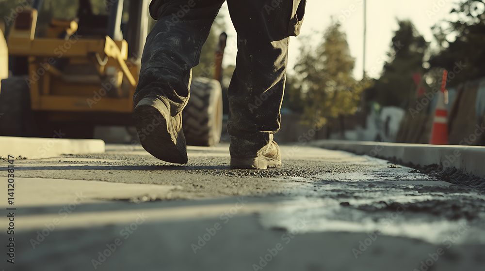 Concrete worker smoothing the surface of a new sidewalk. Precision and finishing Concrete worker smoothing the surface of a new sidewalk. Precision and finishing