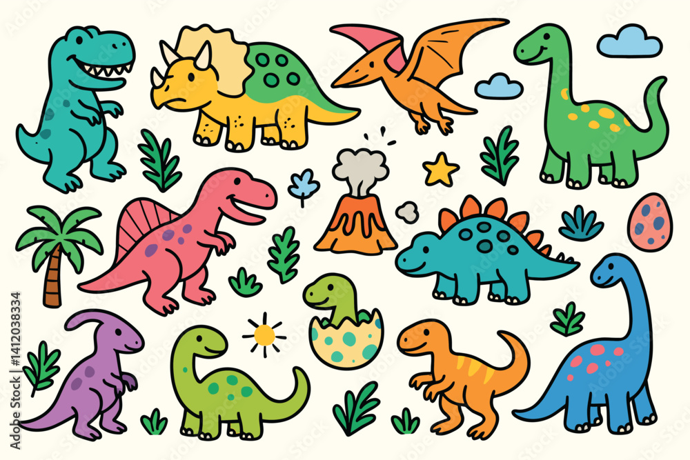 Fototapeta premium Colorful dinosaur doodles for children's room decor or educational material