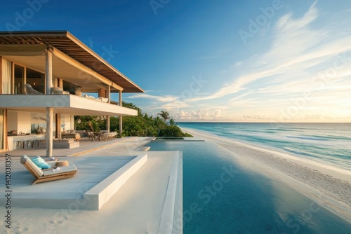 A secluded beachfront villa with a private cabana and panoramic ocean views. The white sand, infinity-edge pool, and minimalist interior embody tropical opulence. A traveler lounges with a cocktail as