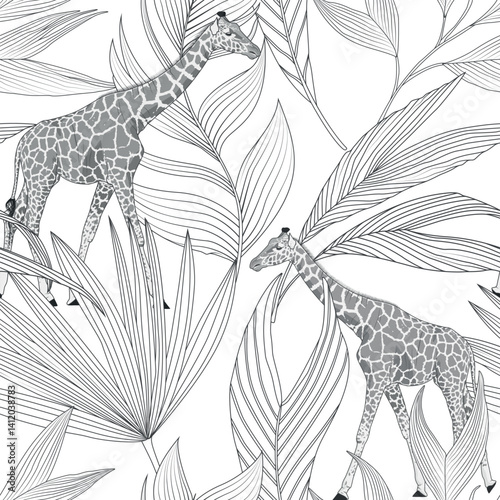 Exotic palm leaves plant with animals giraffe. Black and white seamless pattern. Line art tropical jungl background.