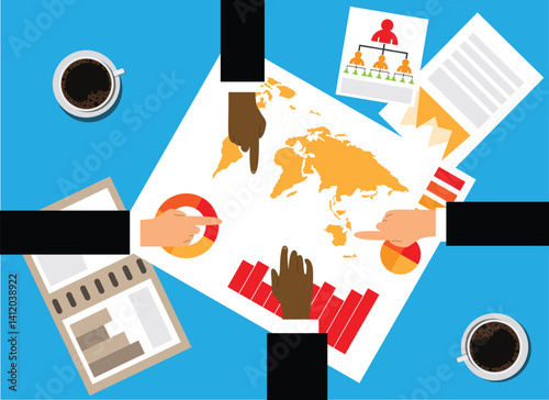 Business People Exploring Sales Graphs at the Table Top View. People at work and activities vector art