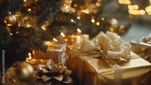 Golden Christmas Presents Underneath Sparkling Tree