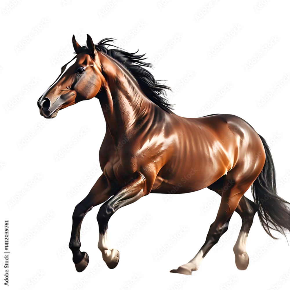 Obraz premium Horse galloping mid-motion, dynamic pose, muscle detail, isolated on white background
