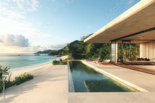 A secluded beachfront villa with a private cabana and panoramic ocean views. The white sand, infinity-edge pool, and minimalist interior embody tropical opulence. A traveler lounges with a cocktail as