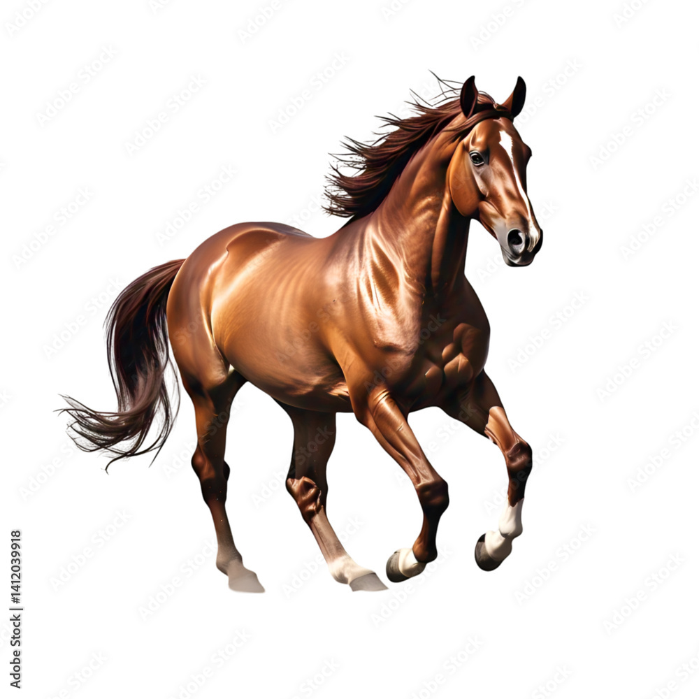 Fototapeta premium Horse galloping mid-motion, dynamic pose, muscle detail, isolated on white background