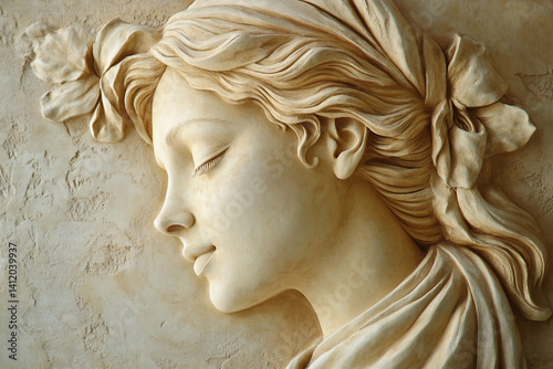 A white bas-relief showing a woman face with flowers generative AI technology