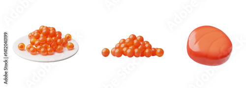 Red caviar heap and red fish piece 3D cartoon vector illustrations set, realistic sea food, salmon fillet, trout steak